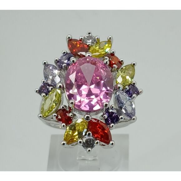 Vintage Ring Size 8 Silver Tone White Gold GP Pink CZ Diamond Cocktail - Picture 3 of 10
